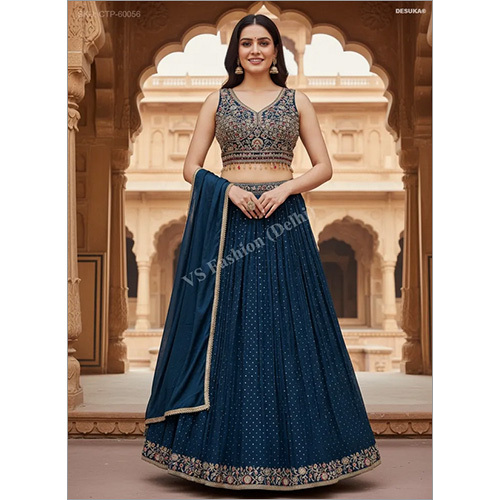 Vichitra Silk Micro-Pleated Lehenga with Intricate Multi-Thread and Sequin Embroidery