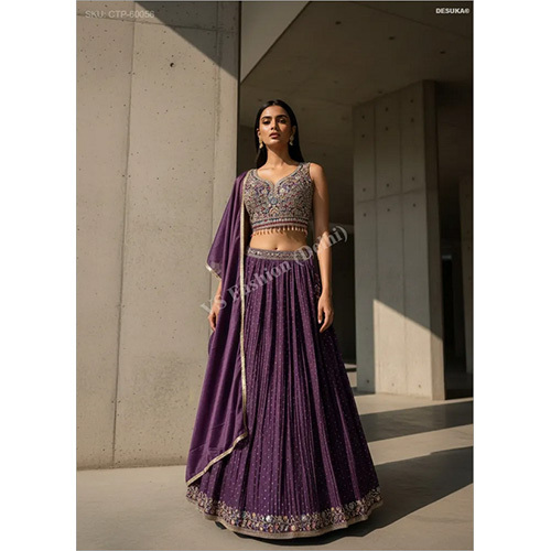 Vichitra Silk Micro-Pleated Lehenga with Intricate Multi-Thread and Sequin Embroidery