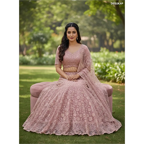 Elegant Fish Style Crop Top Lehenga with All Over Beaded Work