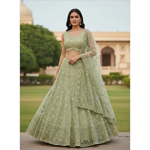 Elegant Fish Style Crop Top Lehenga with All Over Beaded Work