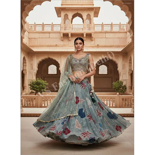 Royal Botanical Print Tabi Silk Lehenga Set with Heavy Hand-Embroidered Zari and Pearl Blouse