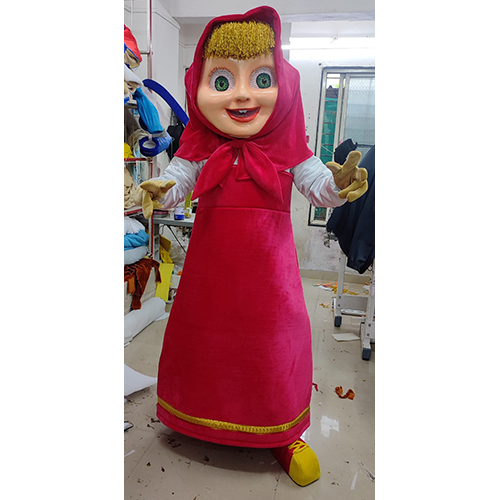 Masha Costume - Polyester Dress with Headscarf, Pink and Yellow, Back Zip Closure, Kids Fancy Dress