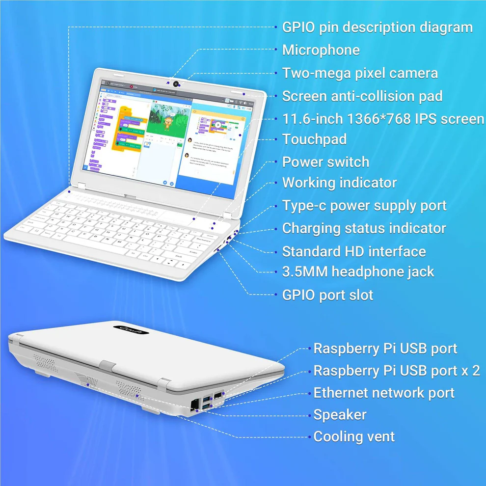 Crowpi L , Real Raspberry Pi Laptop For Learning Programming And Hardware, Programming Learning Laptop, Single Board Computer, Python And Graphical Coding Learning, Electronics Stem For Starter - Application: Institutional Computer Labs