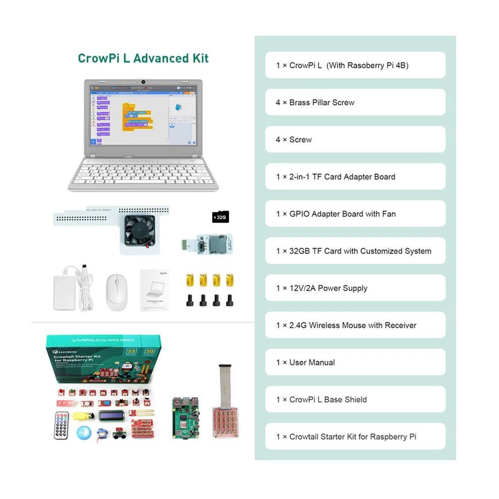 Crowpi L , Real Raspberry Pi Laptop For Learning Programming And Hardware, Programming Learning Laptop, Single Board Computer, Python And Graphical Coding Learning, Electronics Stem For Starter - Application: Institutional Computer Labs