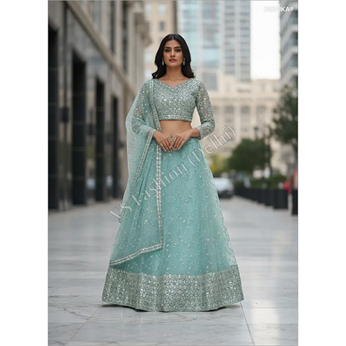 Exquisite Net Lehenga Choli with Intricate Sequin Floral Embroidery and Broad Border