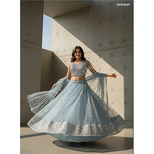 Exquisite Net Lehenga Choli with Intricate Sequin Floral Embroidery and Broad Border