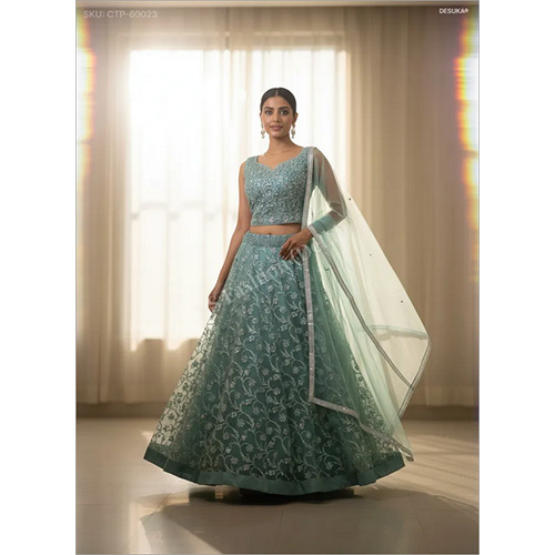 Elegance Floral Resham And Mirror Net Lehenga Set