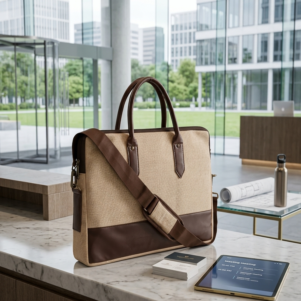 Premium Jute Laptop Office Bag With Pu Leather Trim & Adjustable Shoulder Strap - Color: Natural Brown / Tan