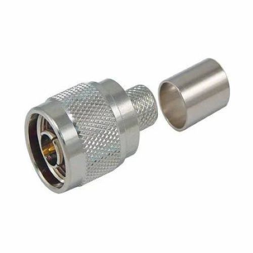 N MALE Coaxial Connector RG 213 - Nickel Plated Brass, 36mm x 18mm, Silver, 50 Ohm, IP67 Waterproof, Gold Plated Contacts, Crimp Assembly