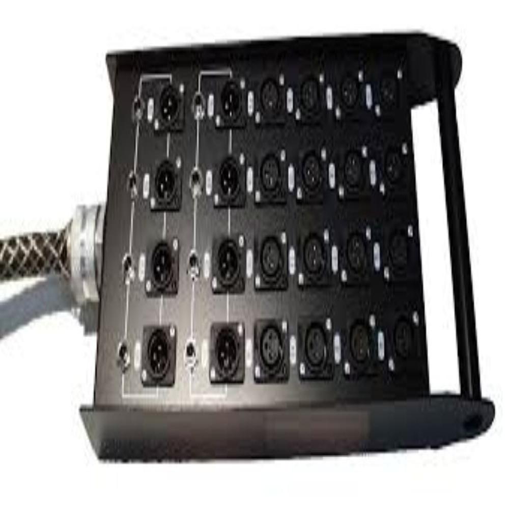 Pro Audio Stage Box For Events, Auditorium - Powder-coated Steel, 430x220x80mm, Matte Black, 24 Xlr Inputs, 4 Returns, Lockable Connectors, Steel Mesh Sleeving, Recessed Panel, Strain Relief Grommet