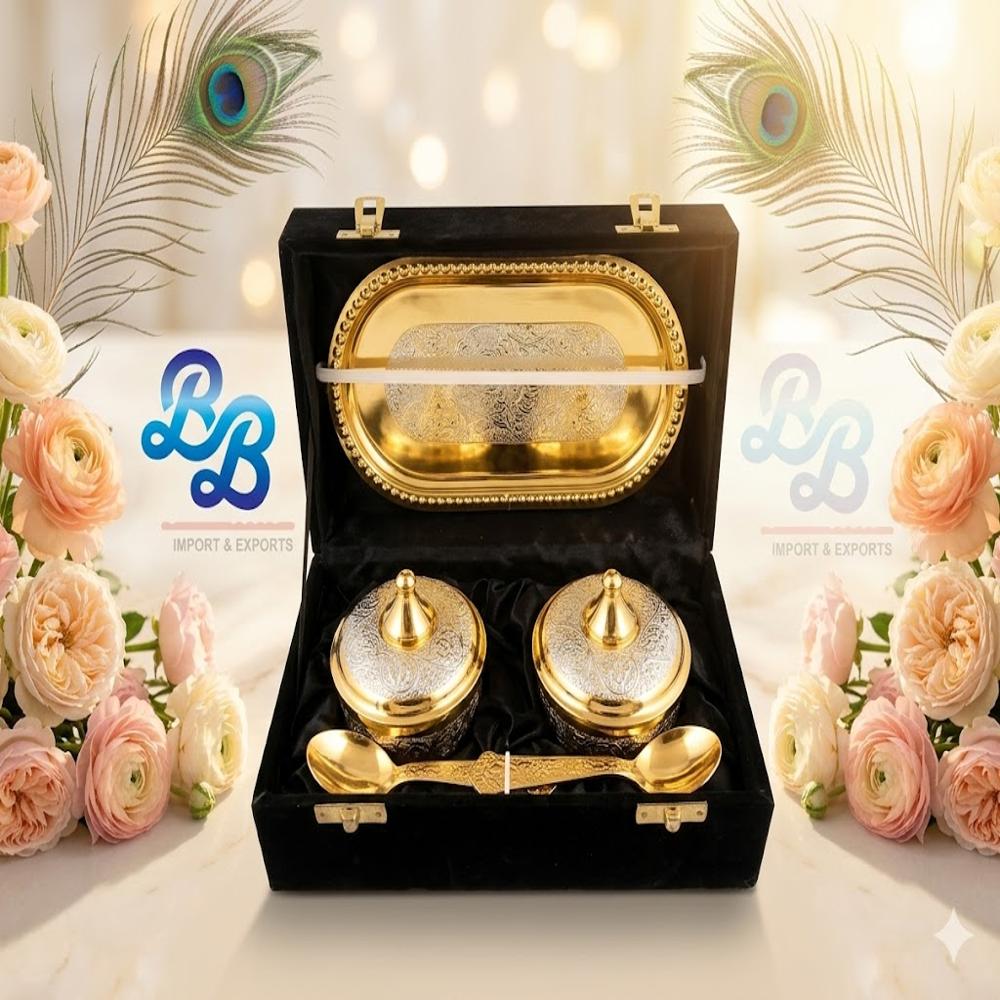 Brass gift Silver And Gold Plated Bowl and tray Set 
