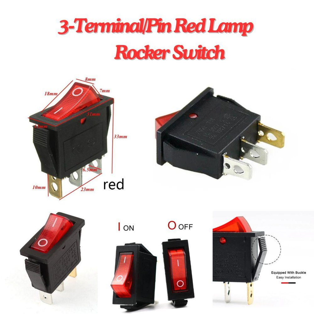 3 Pin Big Size Square Red Illuminated SPST Rocker Switch