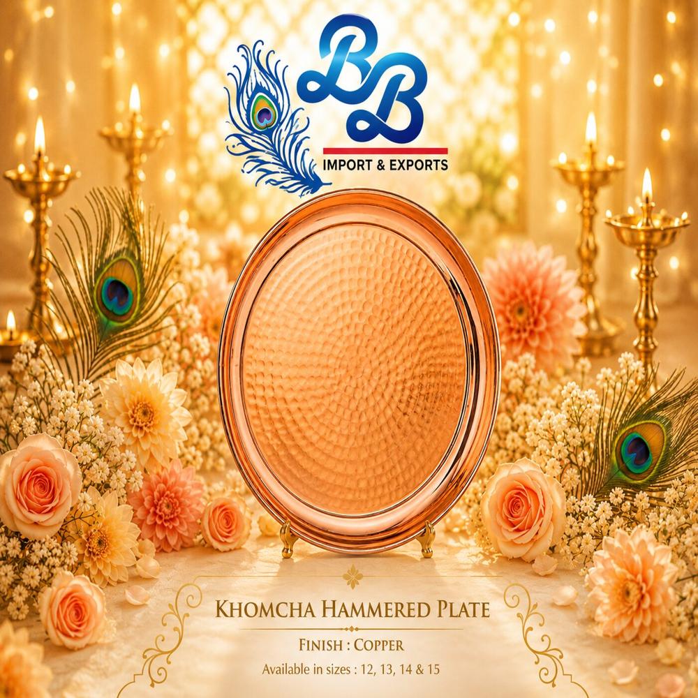 Khomcha Hammered Plate - Pure Brass, 12 Inch, Golden | Textured Finish, Raised Rim, Corrosion Resistant
