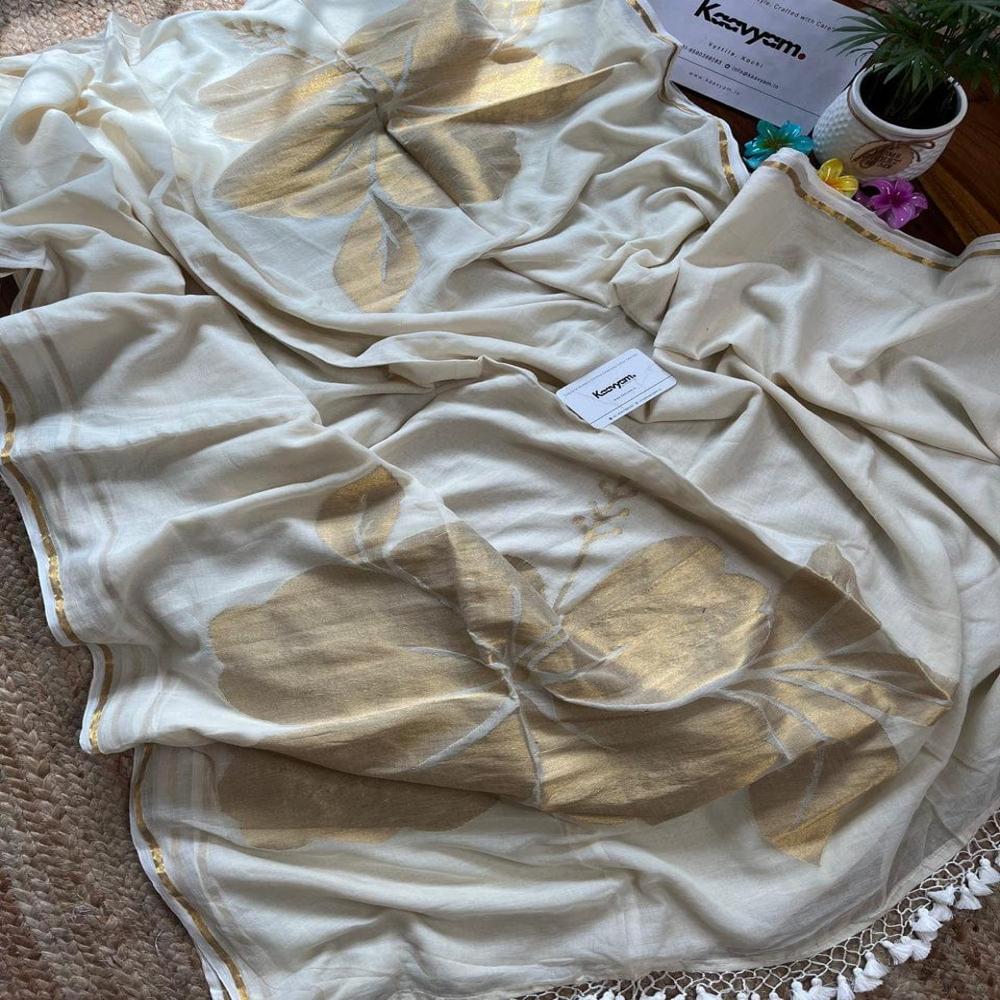 Mall cotton saree Golden hand print
