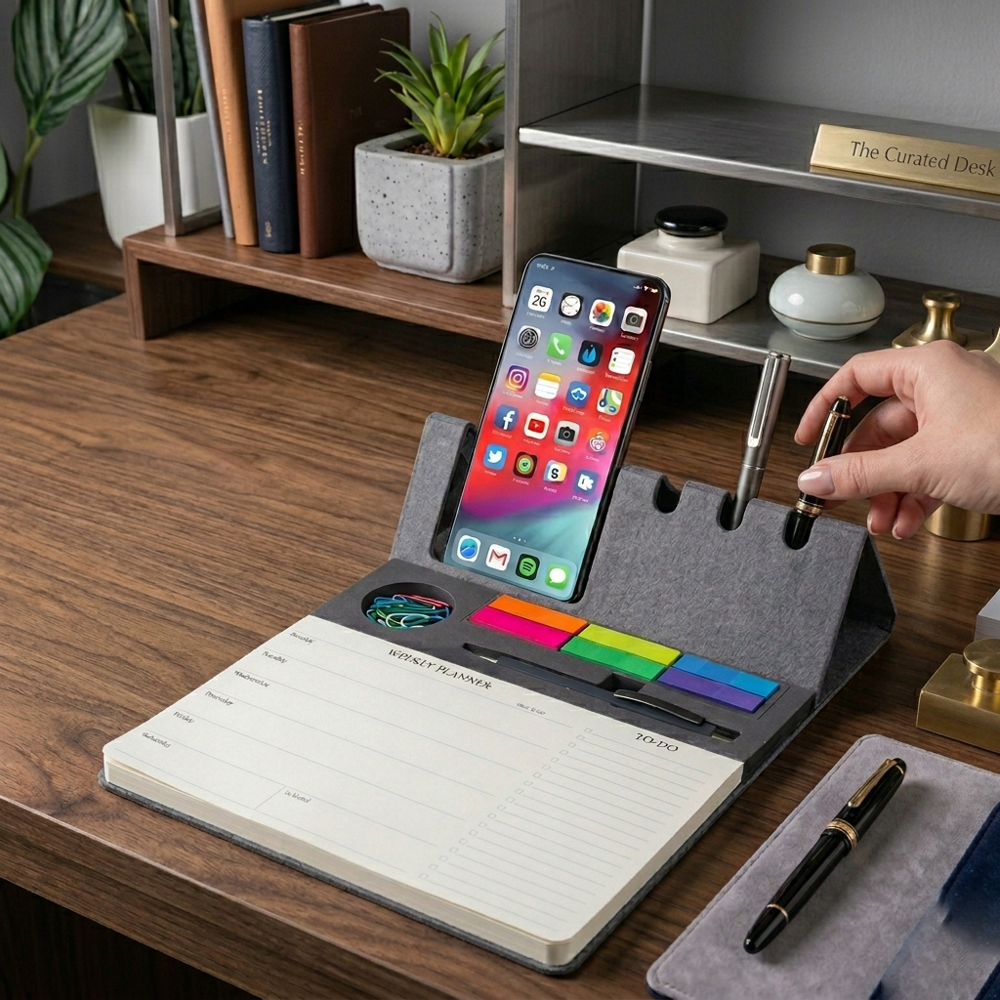 Multifunctional Felt Desk Organizer With Integrated Pen & Phone Stand, Planner & Sticky Notes - Color: Grey / Dark Grey