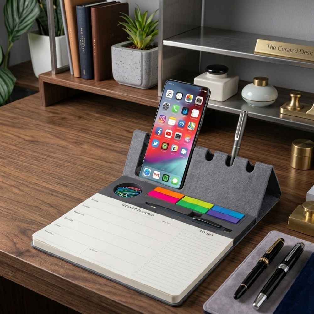 Multifunctional Felt Desk Organizer with Integrated Pen & Phone Stand, Planner & Sticky Notes