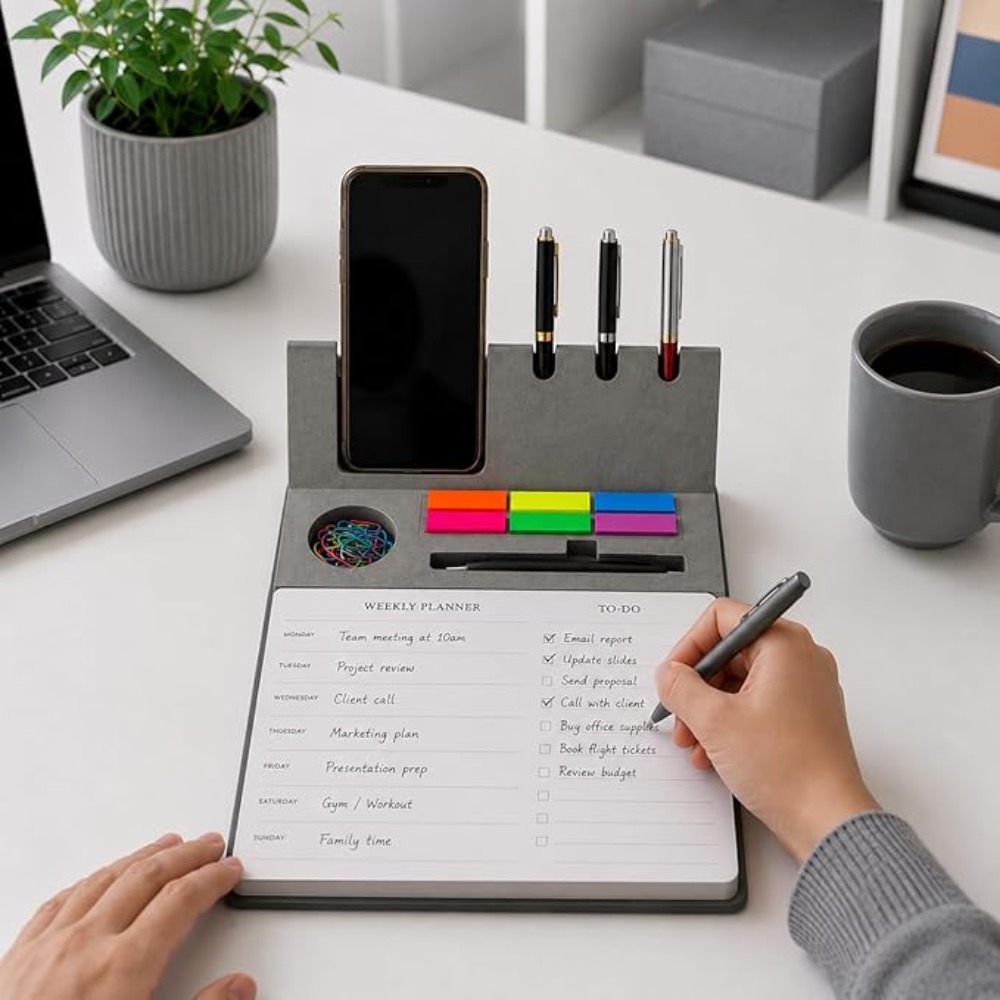 Multifunctional Felt Desk Organizer with Integrated Pen & Phone Stand, Planner & Sticky Notes