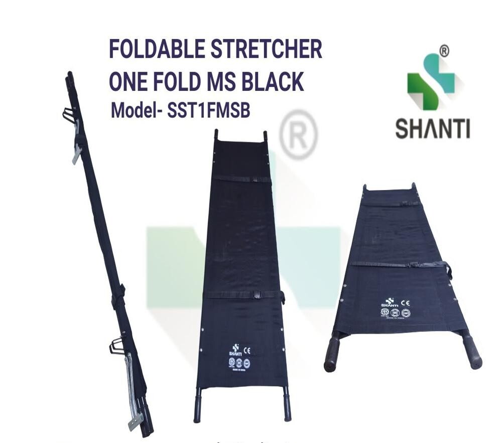 Single Fold Stretcher - Mild Steel, 205x52x15 cm, Orange Canvas | Fire-Retardant, Portable, Rust Resistant, Reinforced Side Bars