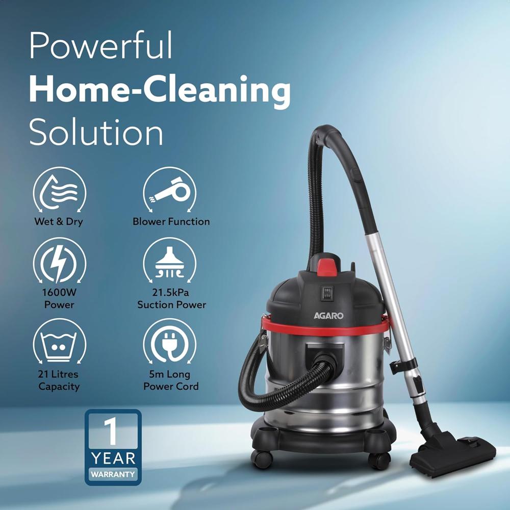 AGARO Ace Wet & Dry Vacuum Cleaner for Home, 1600 Watts, 21.5 kPa Suction Power, 21 litres Tank Capacity, for Home Use, Blower Function, Washable 3L Dust Bag, Stainless Steel Body 33290