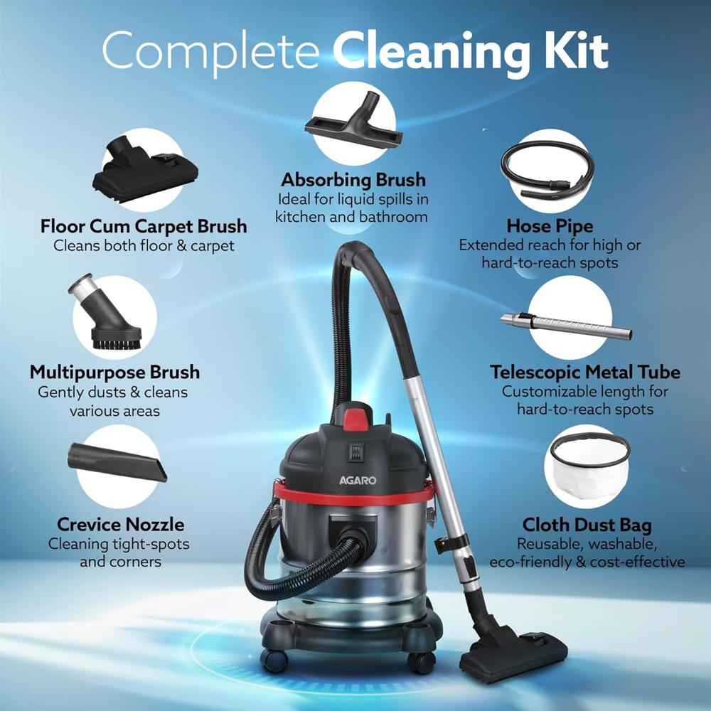 AGARO Ace Wet & Dry Vacuum Cleaner for Home, 1600 Watts, 21.5 kPa Suction Power, 21 litres Tank Capacity, for Home Use, Blower Function, Washable 3L Dust Bag, Stainless Steel Body 33290