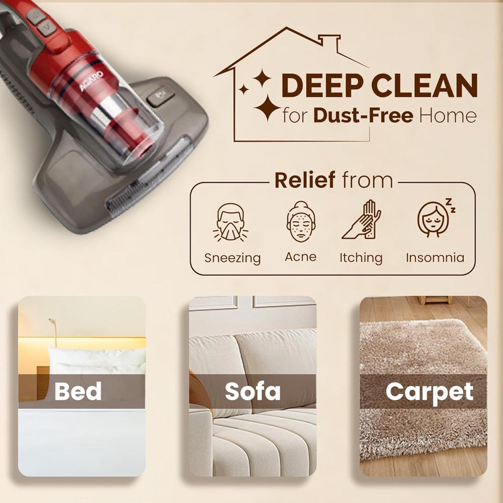 AGARO Grand Bed Vacuum Cleaner, Mite Remover, Cyclonic Technology for Dust Collection, UV Light Sterilization, 12kPa Suction Power, Suitable for Bed, Sofa, Pillow & Other Fabric Surfaces 33993