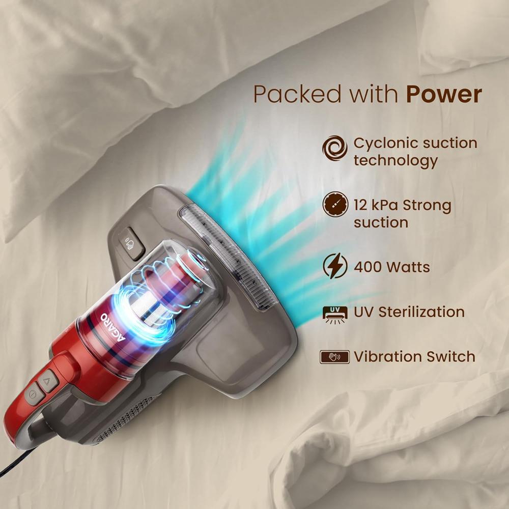 AGARO Grand Bed Vacuum Cleaner, Mite Remover, Cyclonic Technology for Dust Collection, UV Light Sterilization, 12kPa Suction Power, Suitable for Bed, Sofa, Pillow & Other Fabric Surfaces 33993