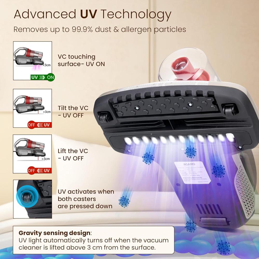 AGARO Grand Bed Vacuum Cleaner, Mite Remover, Cyclonic Technology for Dust Collection, UV Light Sterilization, 12kPa Suction Power, Suitable for Bed, Sofa, Pillow & Other Fabric Surfaces 33993