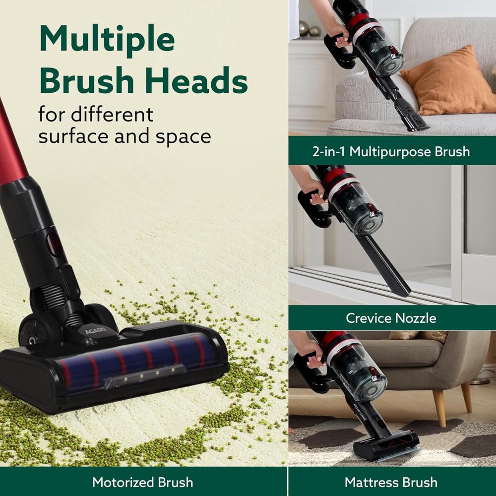 AGARO Supreme Cordless Stick Vacuum Cleaner, for Home Use, 2in1 Handheld & Stick, 400W Brushless Motor, 25 kPa Suction Power, 3 Adjustable Suction Modes, Adjustable Head, Bagless Dry Vacuuming 33830