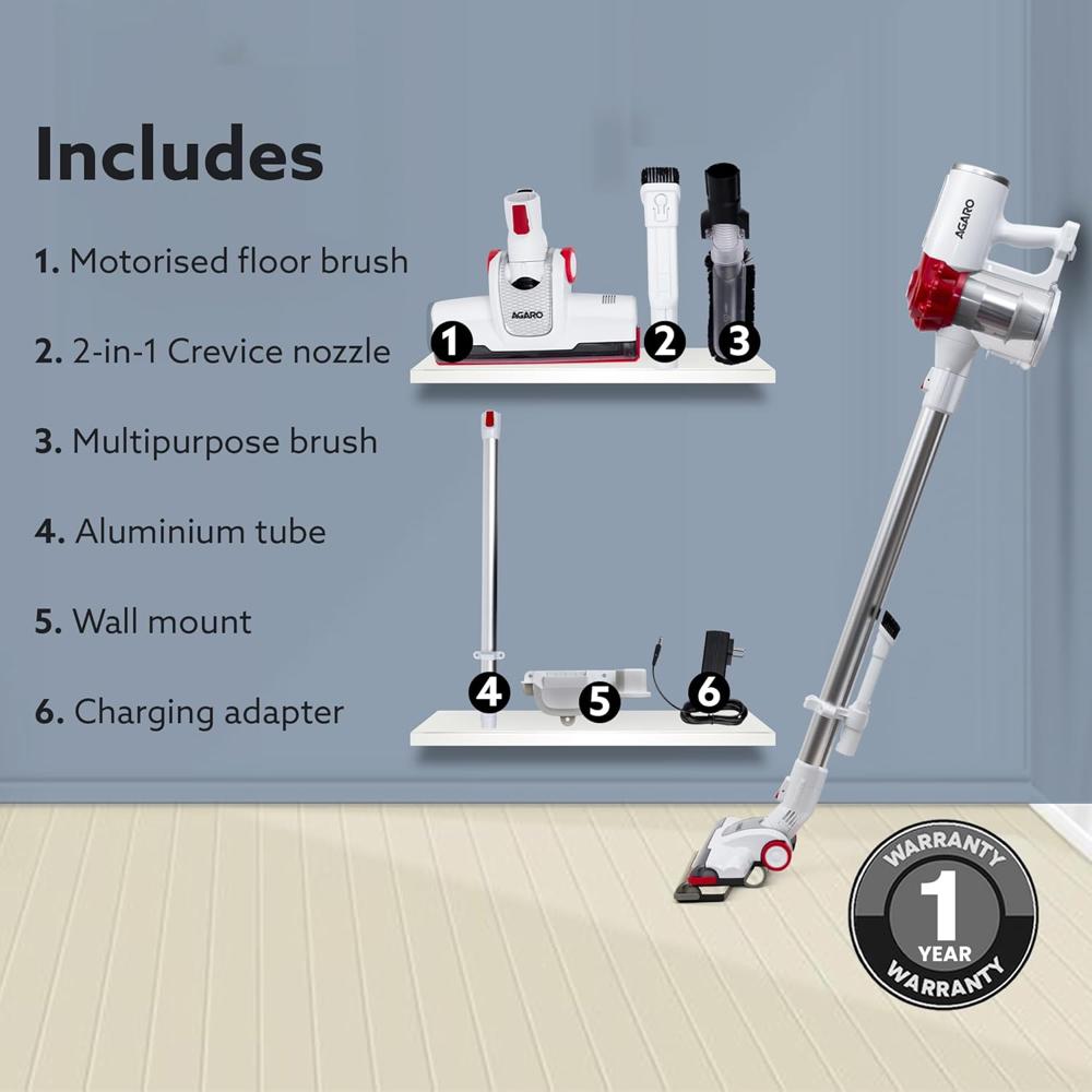 AGARO Regency Cordless Stick Vacuum Cleaner, Dry Vacuuming, 2 Suction Modes, 7 kPa Suction Power, Rechargeable Battery, Deep Clean Carpet to Hard Floor 33999