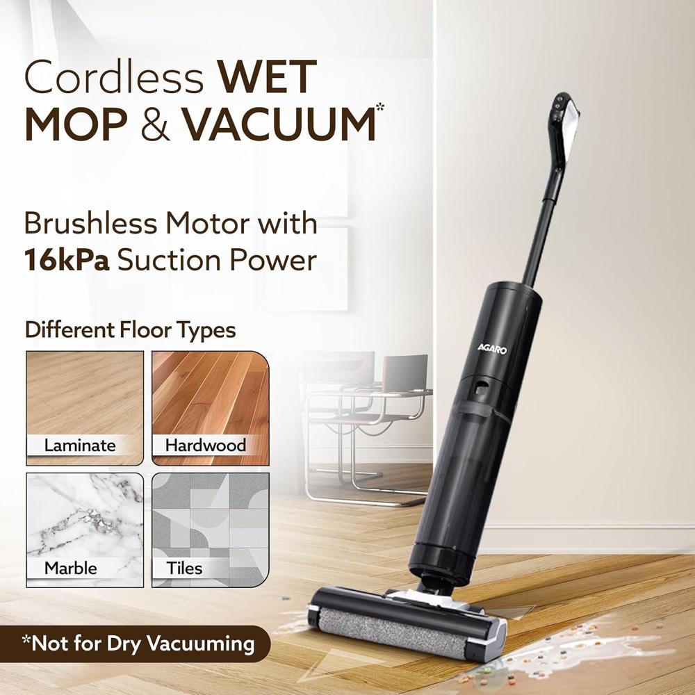 AGARO Royal Mop & Vacuum Cleaner, Wet & Dry Cleaner for Multi-Type Hard Floor, HEPA Filter, Lightweight Cordless, Brushless Motor, Smart Display  34300