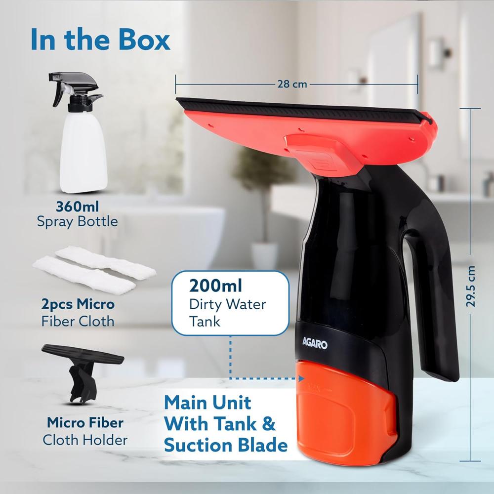 AGARO Delite Electric Glass Vacuum Cleaner, Spray & Vacuum, 28 Cm Suction Blade, Cordless, 360 ML Spray Bottle