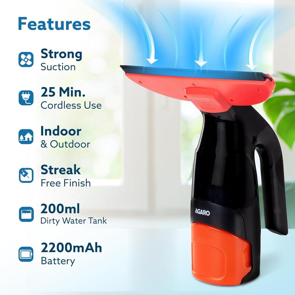 AGARO Delite Electric Glass Vacuum Cleaner, Spray & Vacuum, 28 Cm Suction Blade, Cordless, 360 ML Spray Bottle