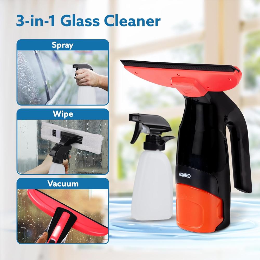AGARO Delite Electric Glass Vacuum Cleaner, Spray & Vacuum, 28 Cm Suction Blade, Cordless, 360 ML Spray Bottle