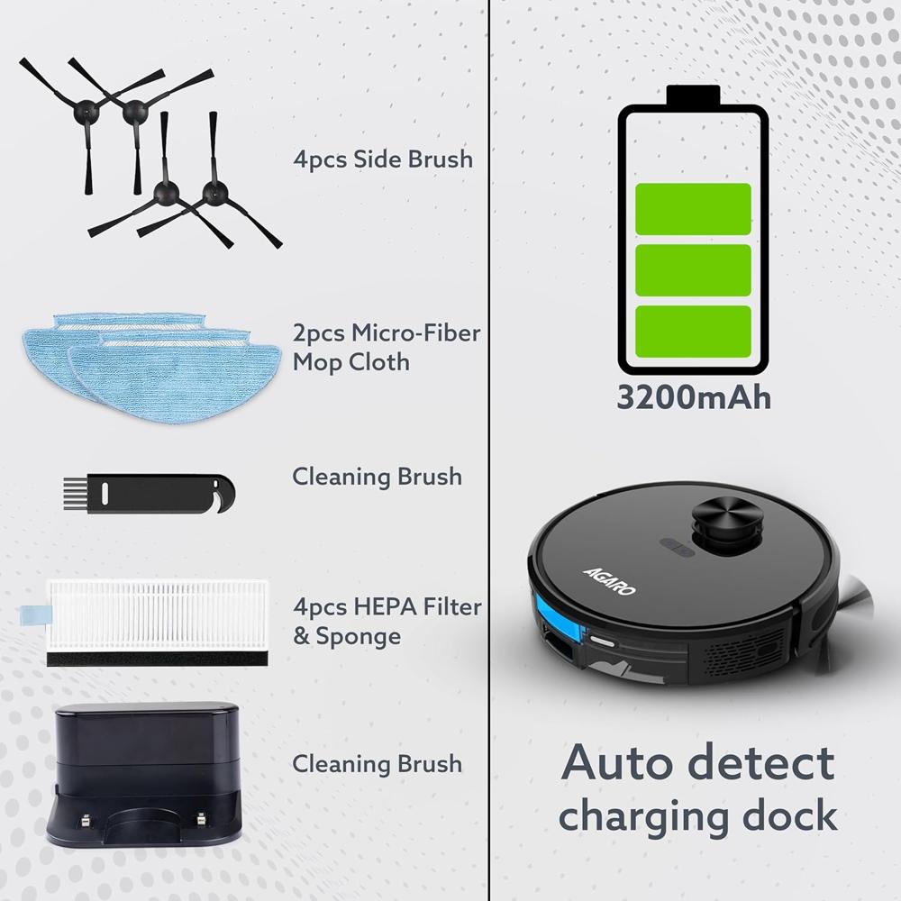 AGARO Alpha Robot Vacuum Cleaner, Brush, Dry Vacuum & Wet Mop, Automatic Cleaning, Upto 3200Pa Strong Suction, Rechargeable 34074