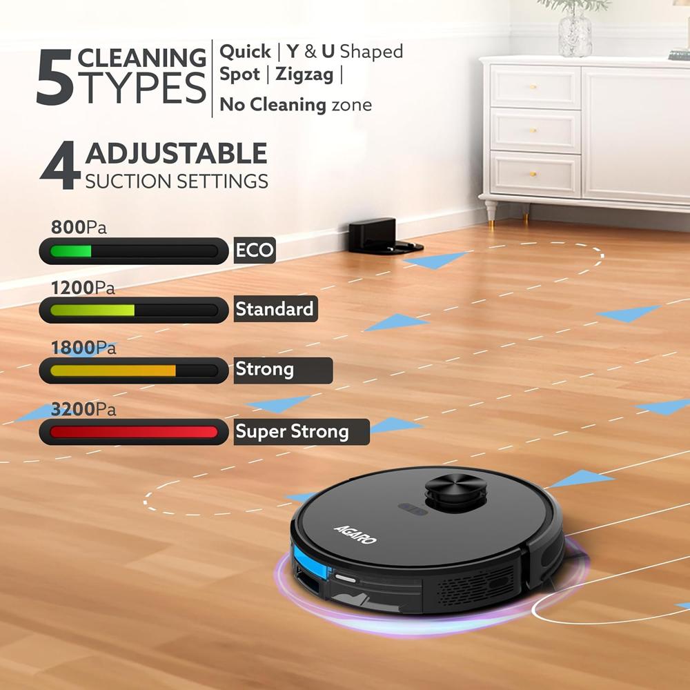 AGARO Alpha Robot Vacuum Cleaner, Brush, Dry Vacuum & Wet Mop, Automatic Cleaning, Upto 3200Pa Strong Suction, Rechargeable 34074