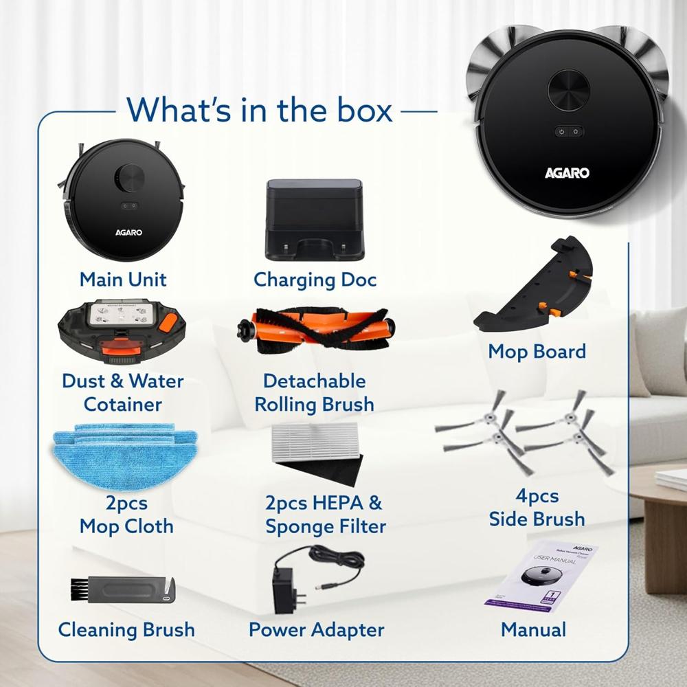 AGARO Imperial Robot Vacuum Cleaner, Dual Brush, Dry Vacuum & Wet Mop, Automatic Cleaning 34293