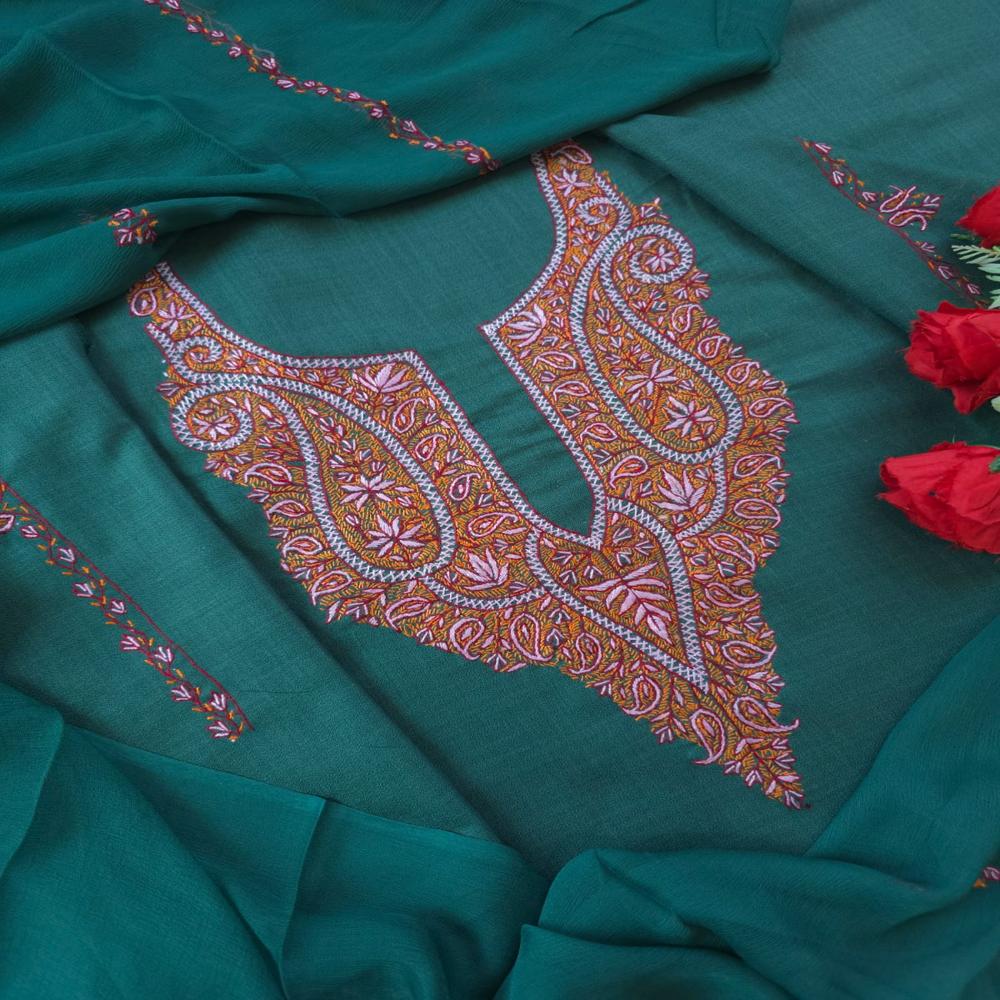 3pc Cotton Kashmiri Unstitched Suit With Hand Sozni Embroidery | Shahneezah