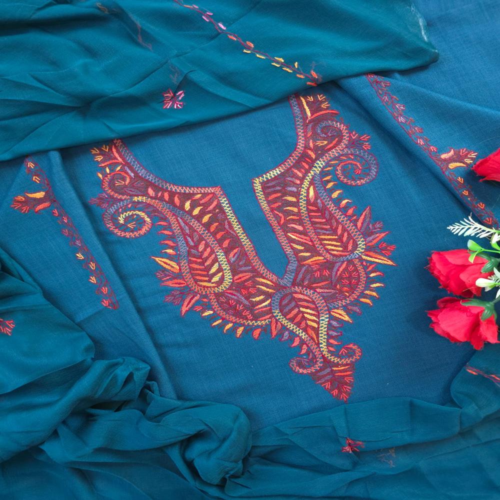 3pc Cotton Kashmiri Unstitched Suit with Hand Sozni Embroidery | Shahneezah