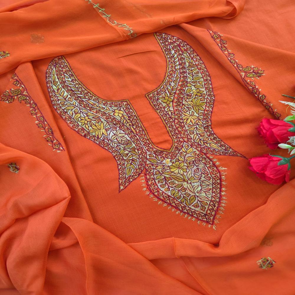 3pc Cotton Kashmiri Unstitched Suit with Hand Sozni Embroidery | Shahneezah