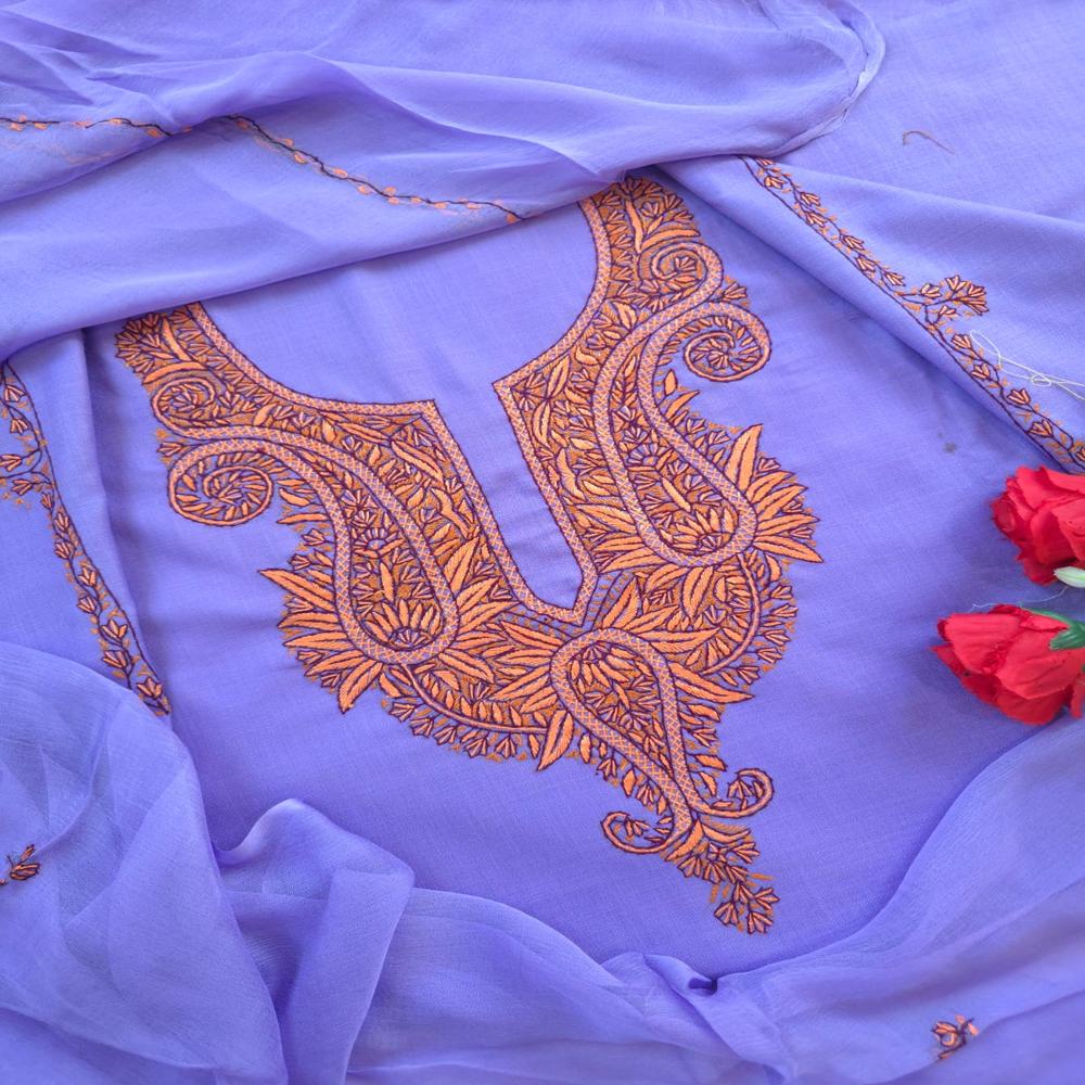 3pc Cotton Kashmiri Unstitched Suit with Hand Sozni Embroidery | Shahneezah