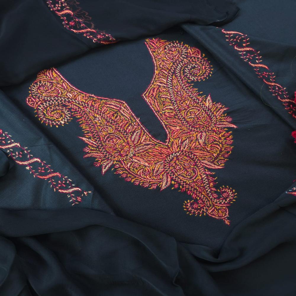 3pc Cotton Kashmiri Unstitched Suit with Hand Sozni Embroidery | Shahneezah