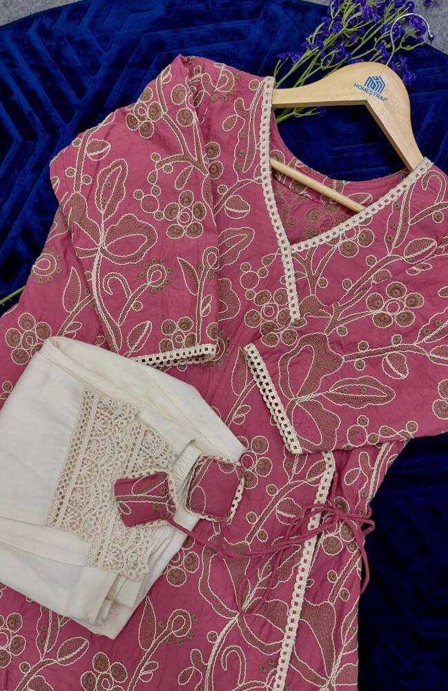 Mauve Floral Embroidered Angrakha Kurta Set