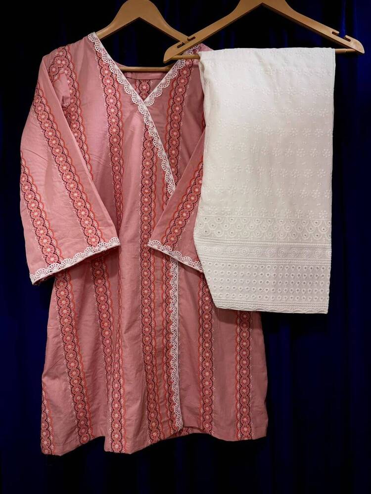 Rose Pink Chevron Kurta with Chikankari Pants