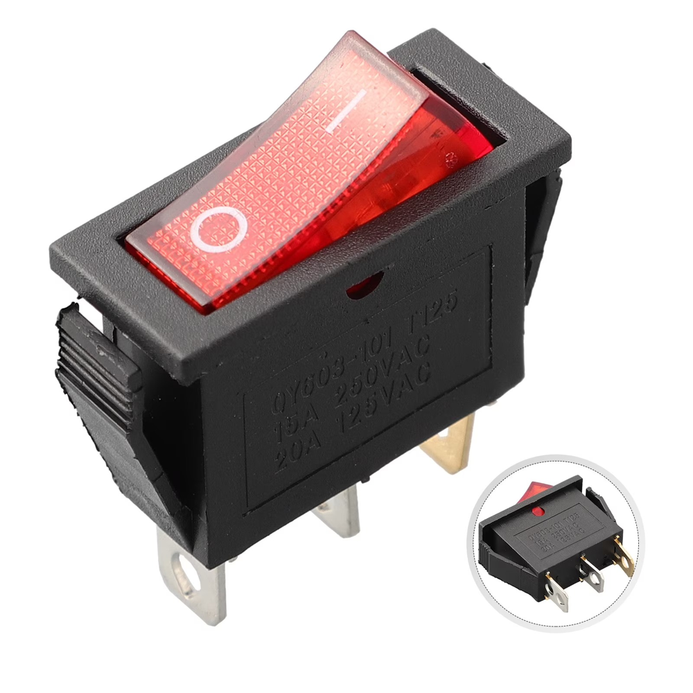 KCD1 Rectangular 3Pin SPST Rocker Switch Red Illuminated with Neon Indicator