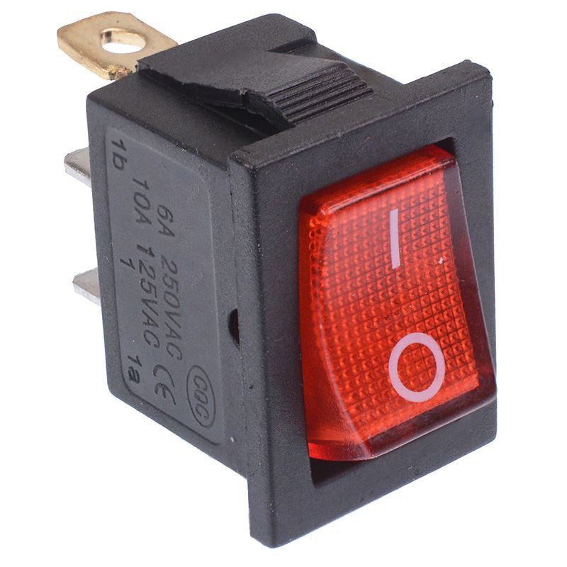 KCD1 Rectangular 3Pin SPST Rocker Switch Red Illuminated with Neon Indicator