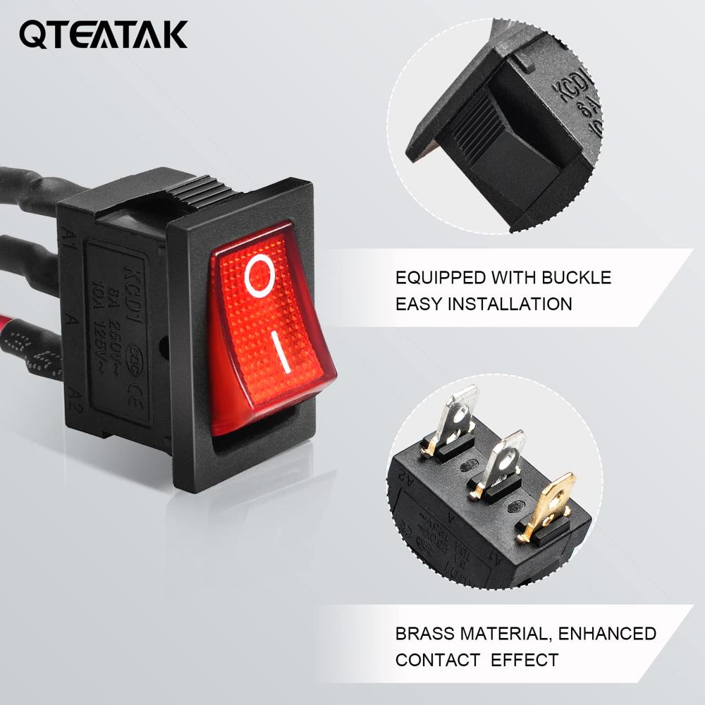 KCD1 Rectangular 3Pin SPST Rocker Switch Red Illuminated with Neon Indicator