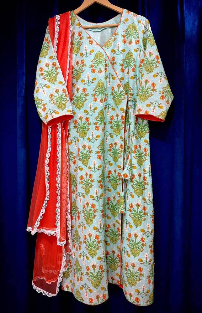 The Mint 3 Tangerine Ladies Dress Angrakha Set