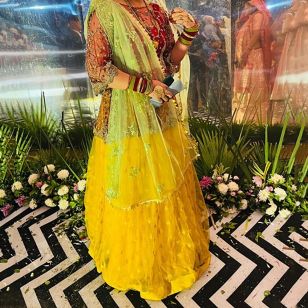 Yellow Embroidered Net Lehenga Kurti Dress
