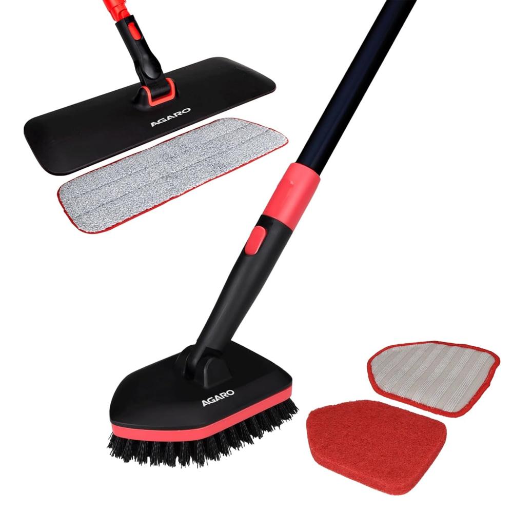AGARO Elite Cleaning Mop & Brush Set, Bathroom Cleaning Brush, Long Handle, Hard Brush, Microfiber Pad & Scrubber, for Tiles, Kitchen, Toilet, Window Glass, Detachable Head 34123