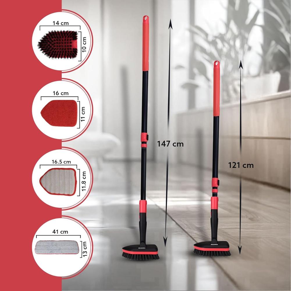 AGARO Elite Cleaning Mop & Brush Set, Bathroom Cleaning Brush, Long Handle, Hard Brush, Microfiber Pad & Scrubber, for Tiles, Kitchen, Toilet, Window Glass, Detachable Head 34123